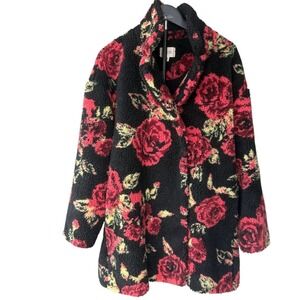 If By Sea Womens All Over Rose Print Sherpa Teddy Jacket M Whimsigoth Romantic